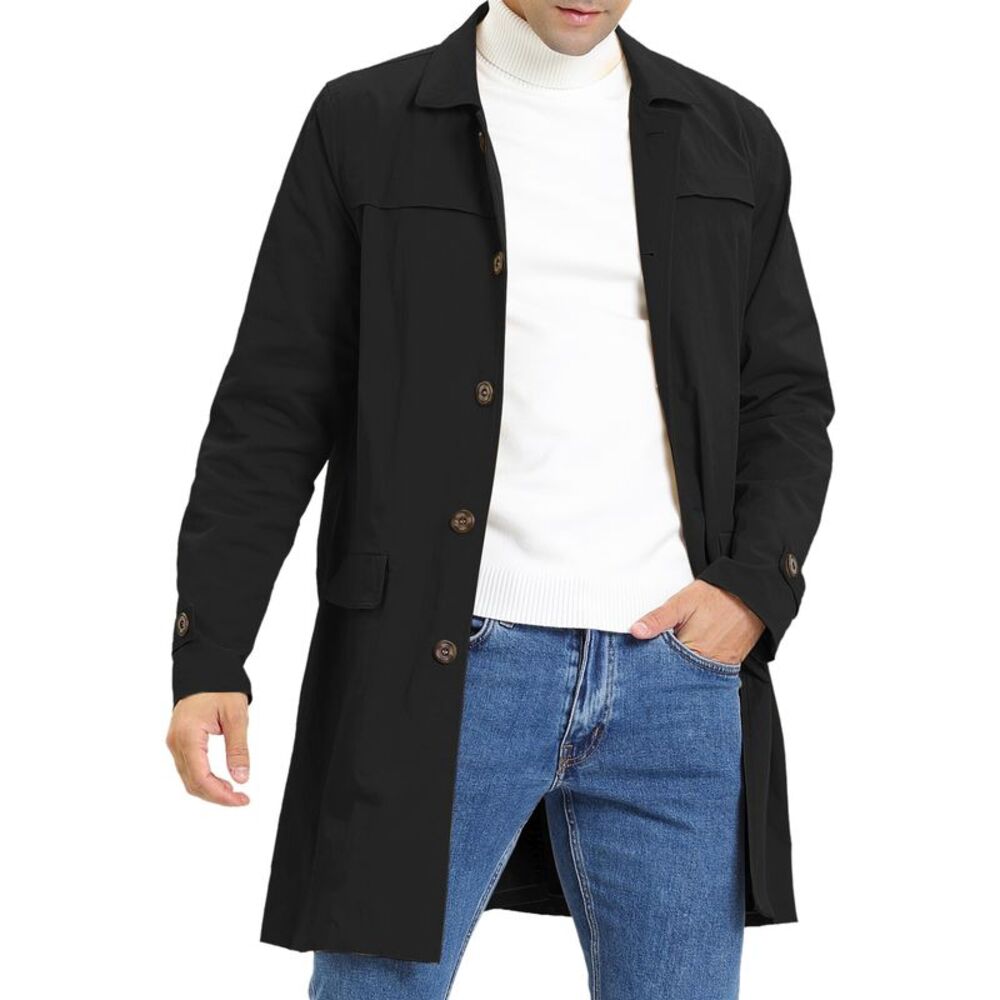 Men's Trench Coat Single Breasted Button Down Jacket Long Overcoat Black